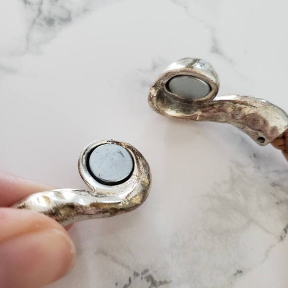 Silver Metal Brown Leather Magnetic Bracelet - Picture 4 of 4